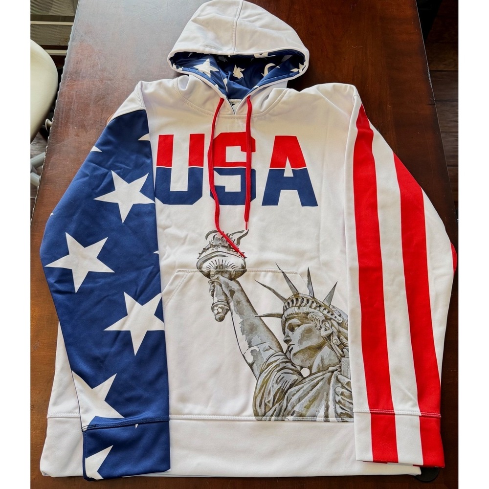 Greater Half Mens USA Statue of Liberty Hoodie Stars Stripes White Large America
